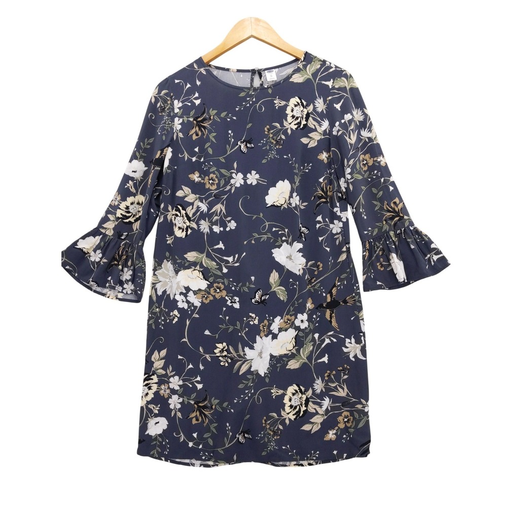 Old Navy Shift Dress Sz XS Navy Blue Floral Butterfly Bird Print Bell Sleeve